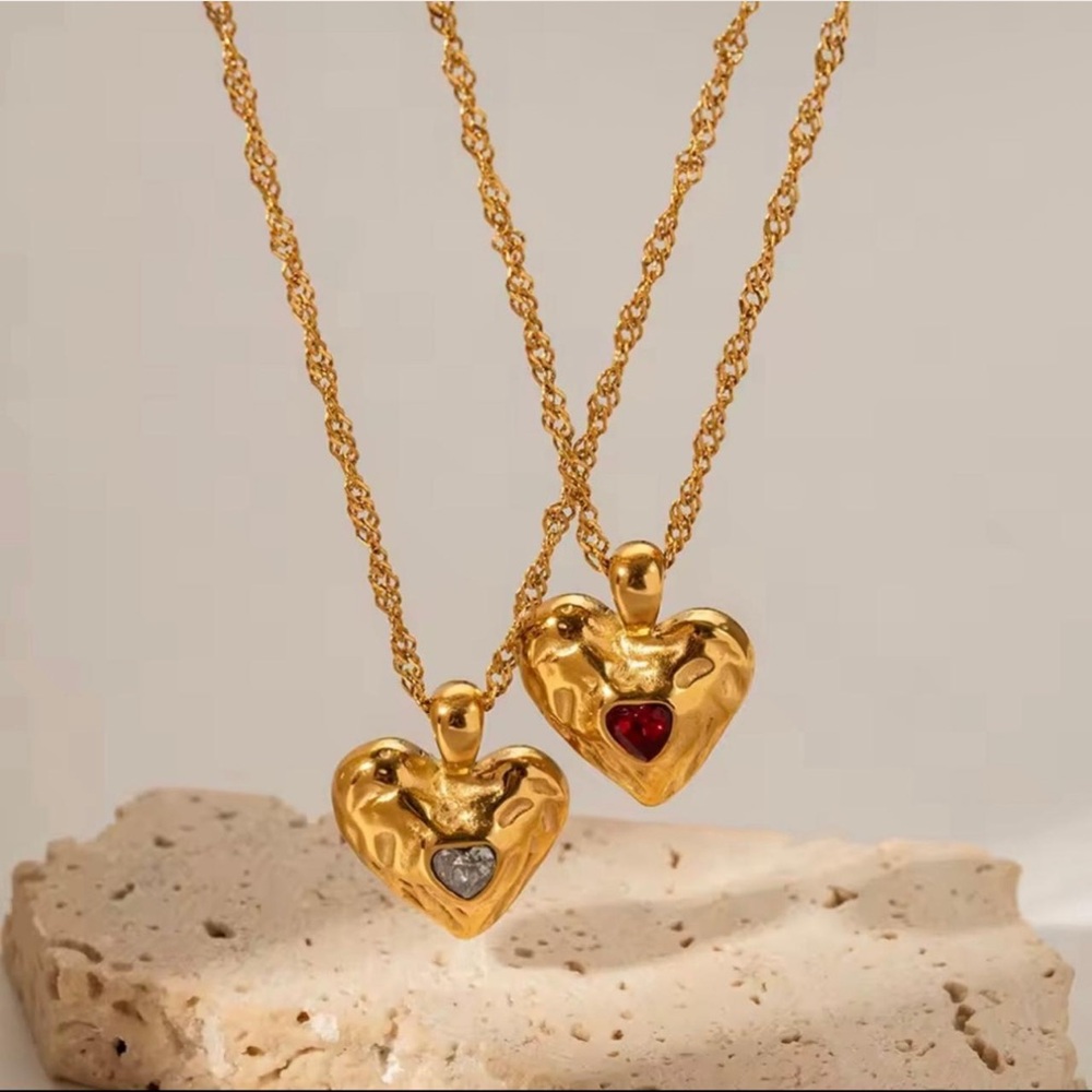 Gold Heart Pendant Necklace with Red and Silver Accents